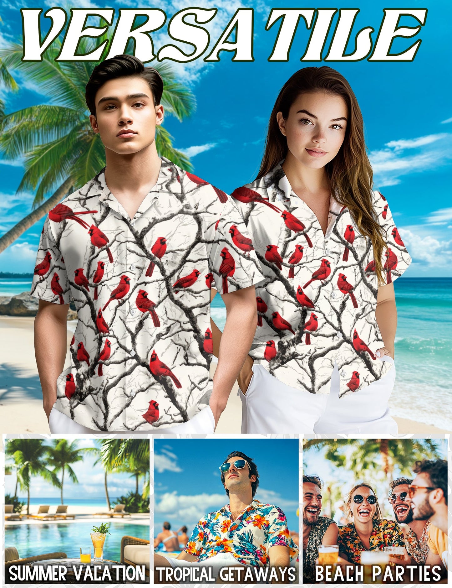 Red Cardinal Bird Christmas Hawaiian Shirt for Men, Button Down Aloha Shirt - Azhawaiian