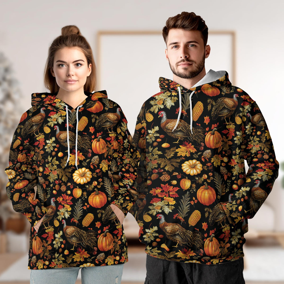 Happy Turkey Day Thanksgiving All Over Print Hoodie, Pumpkin Graphic Design