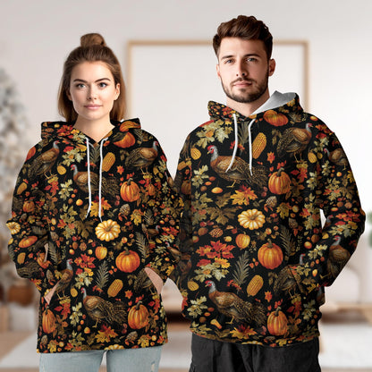 Happy Turkey Day Thanksgiving All Over Print Hoodie, Pumpkin Graphic Design