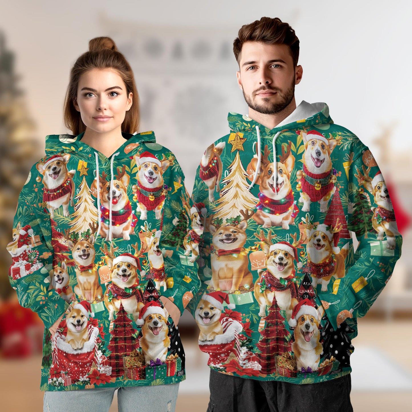 Christmas Corgi All Over Print Hoodie, Cute Dog Lover Graphic Design