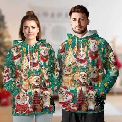 Christmas Corgi All Over Print Hoodie, Cute Dog Lover Graphic Design