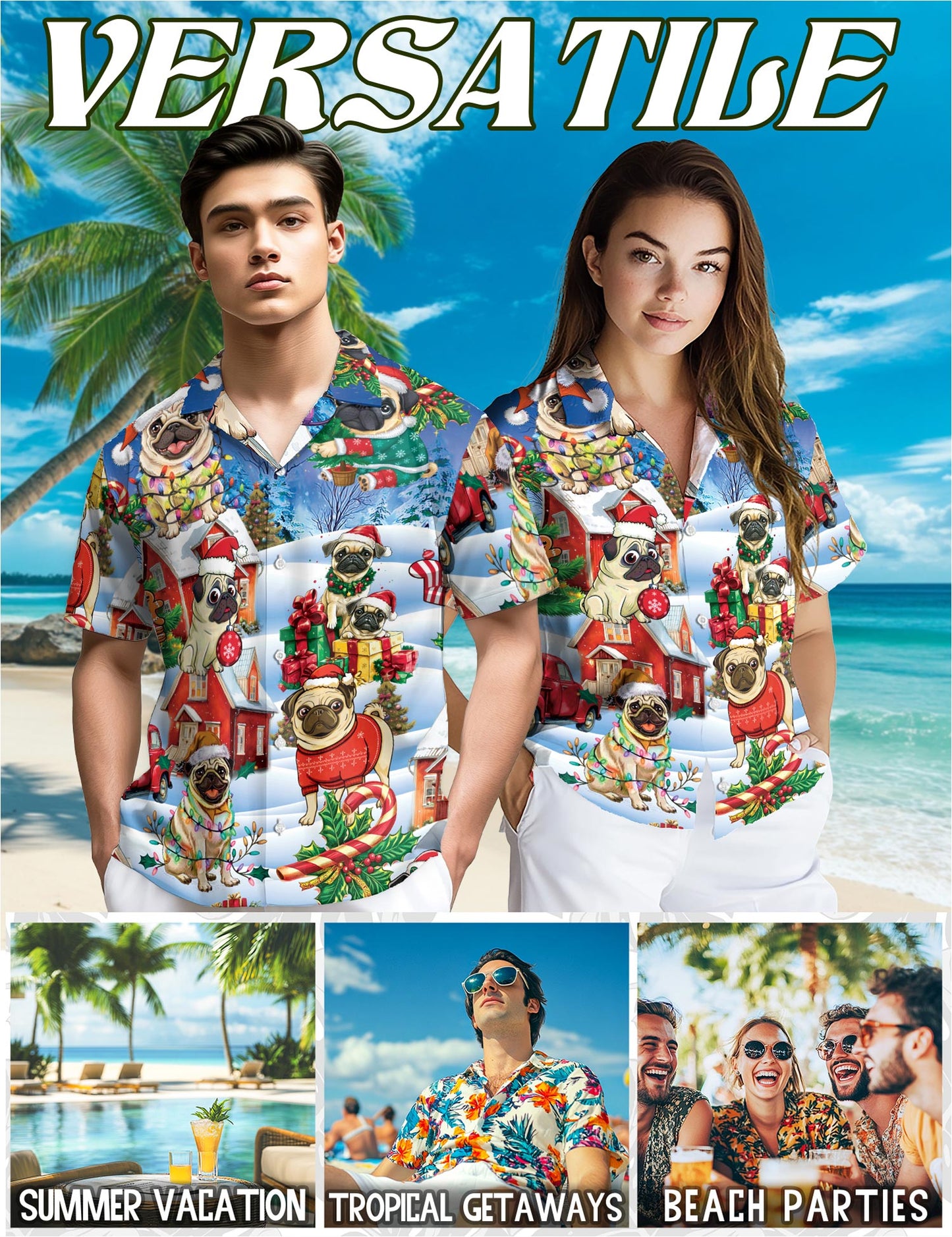 Funny Pug Christmas Hawaiian Shirt for Men, Button Down Aloha Shirt - Azhawaiian