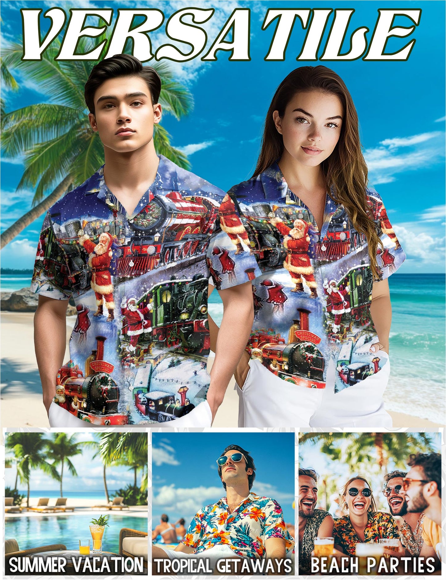 Santa Claus Christmas Train Hawaiian Shirt for Men, Button Down Aloha Shirt - Azhawaiian