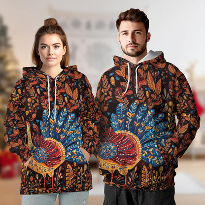 Folk Art Turkey Thanksgiving All Over Print Hoodie, Graphic Design