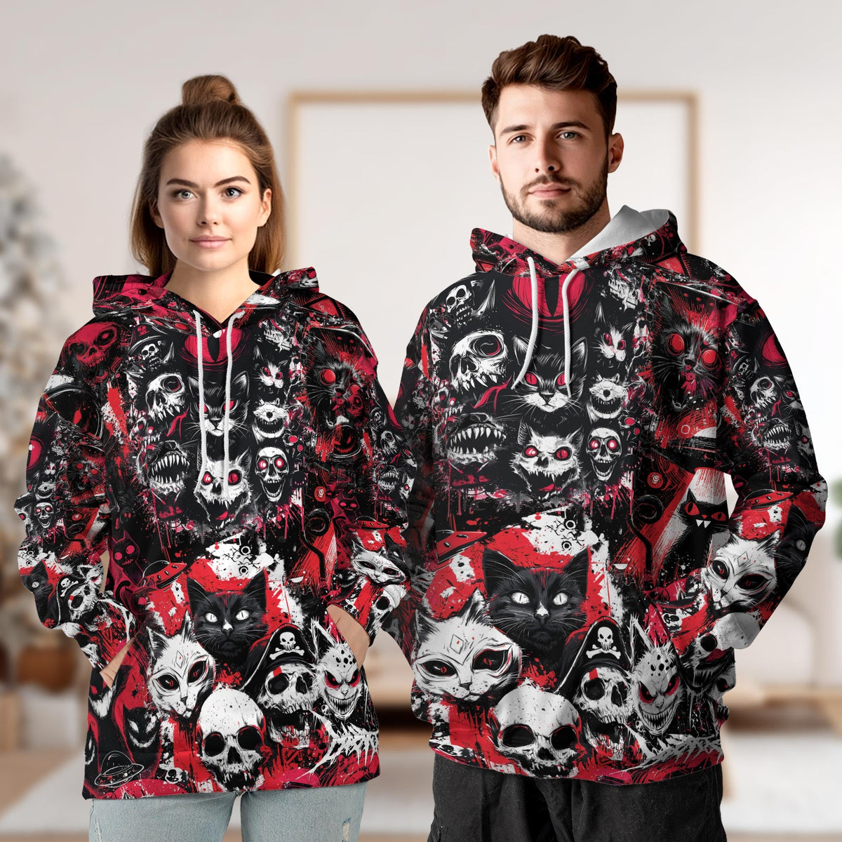 Black Cat UFO Alien Halloween All Over Print Hoodie, Skull Graphic Design