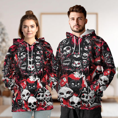 Black Cat UFO Alien Halloween All Over Print Hoodie, Skull Graphic Design