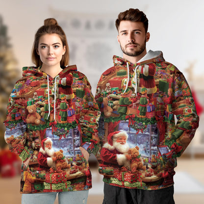 Santa Claus Workshop All Over Print Hoodie, Festive Christmas Graphic Design