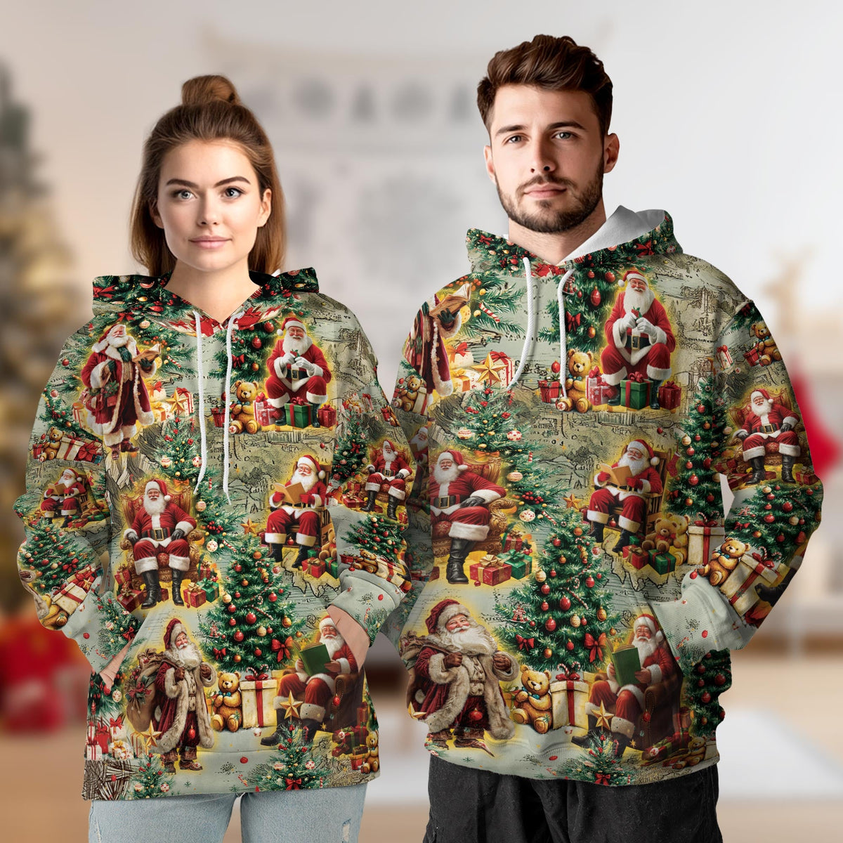 Vintage Santa Claus All Over Print Hoodie, Xmas Graphic Design