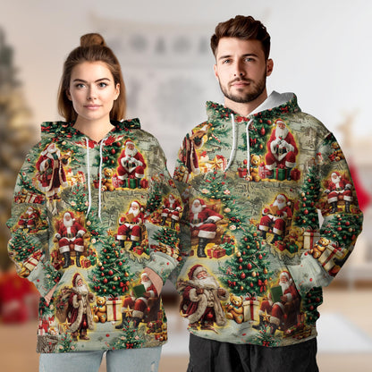 Vintage Santa Claus All Over Print Hoodie, Xmas Graphic Design