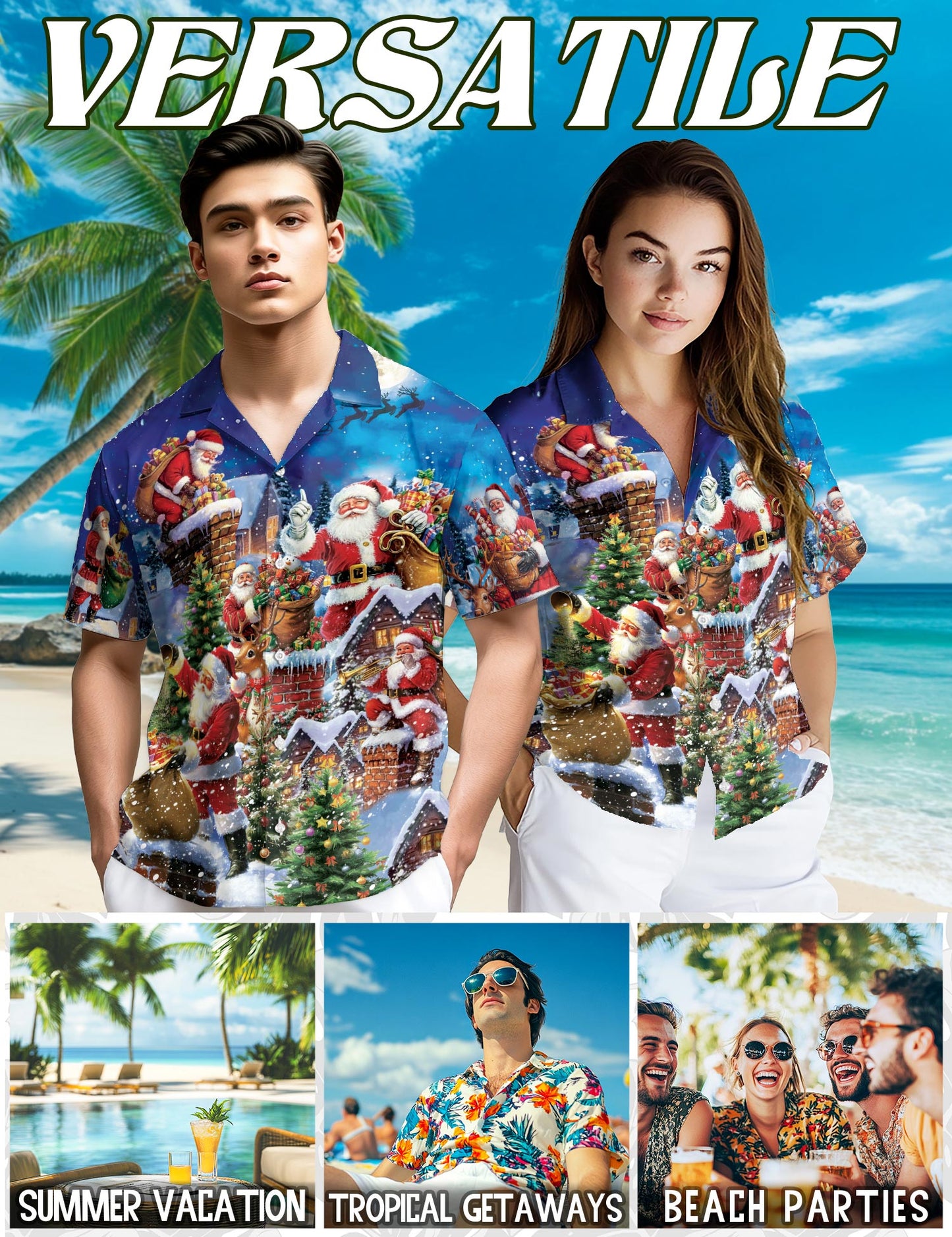 Christmas Rooftop Santa Claus Hawaiian Shirt for Men, Button Down Aloha Shirt - Azhawaiian