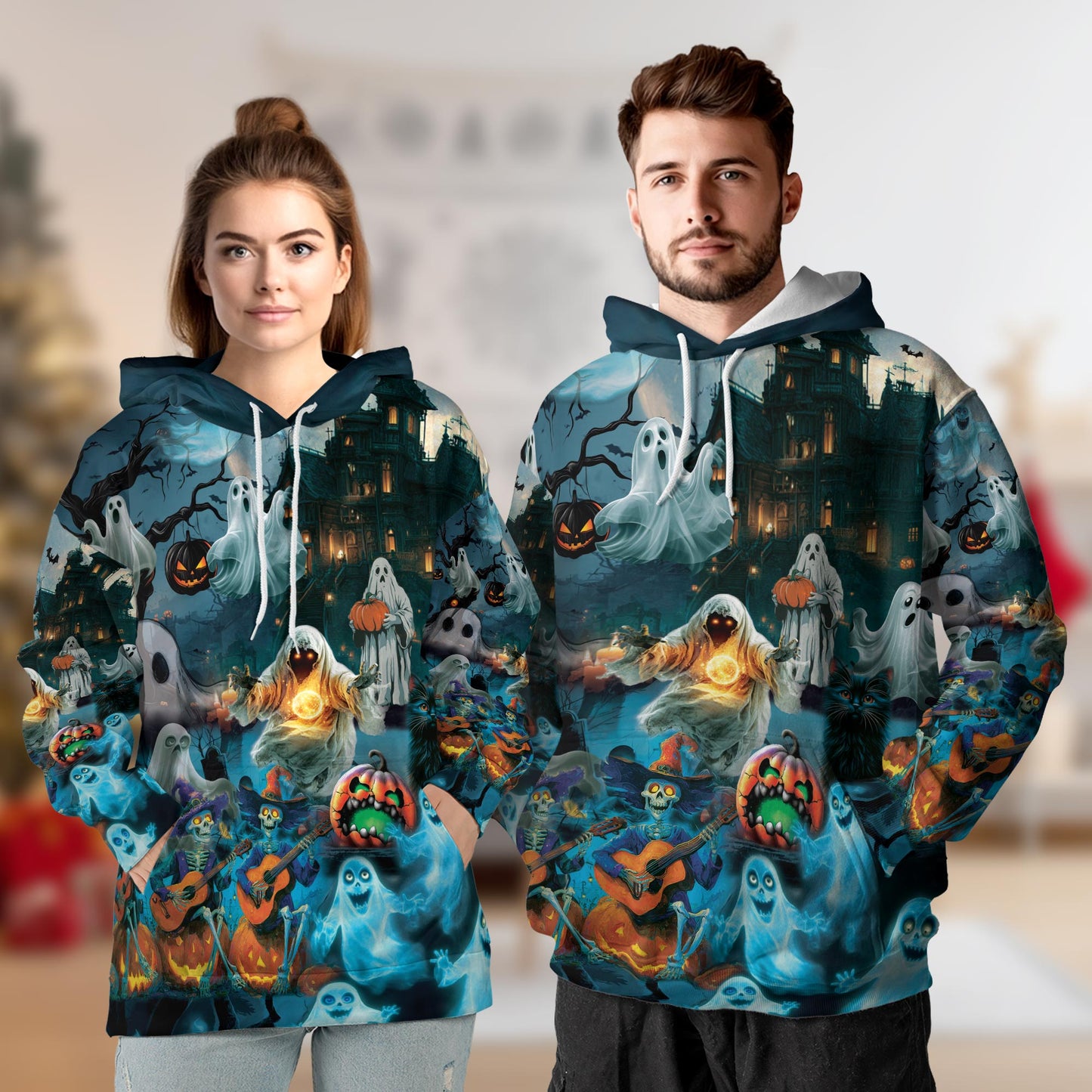 Halloween Ghost All Over Print Hoodie, Graphic Design Ghost Skeleton and Pumpkin