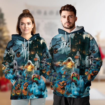 Halloween Ghost All Over Print Hoodie, Graphic Design Ghost Skeleton and Pumpkin