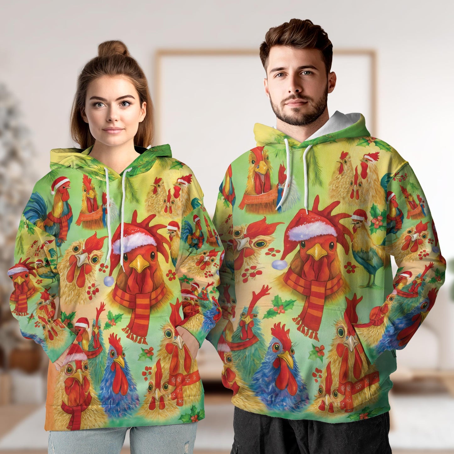 Rooster Merry Clucking Christmas All Over Print Hoodie