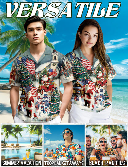 American Flag Santa Christmas Hawaiian Shirt for Men, Button Down Aloha Shirt - Azhawaiian