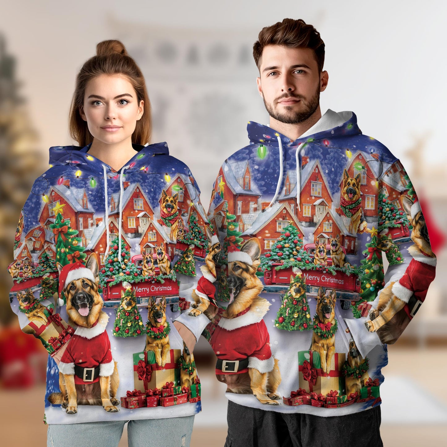 German Shepherd Christmas All Over Print Hoodie, Festive Dog Graphic Design