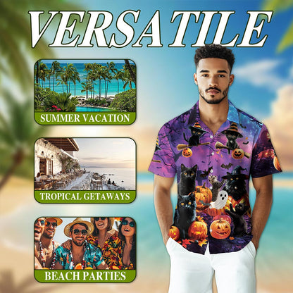 Black Cat Pumpkin Hawaiian Shirt for Men, Button Down Aloha Shirt - Azhawaiian