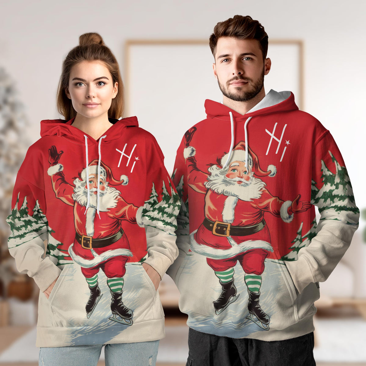 Ice Skating Santa All Over Print Hoodie, Fashion Christmas Graphic Design