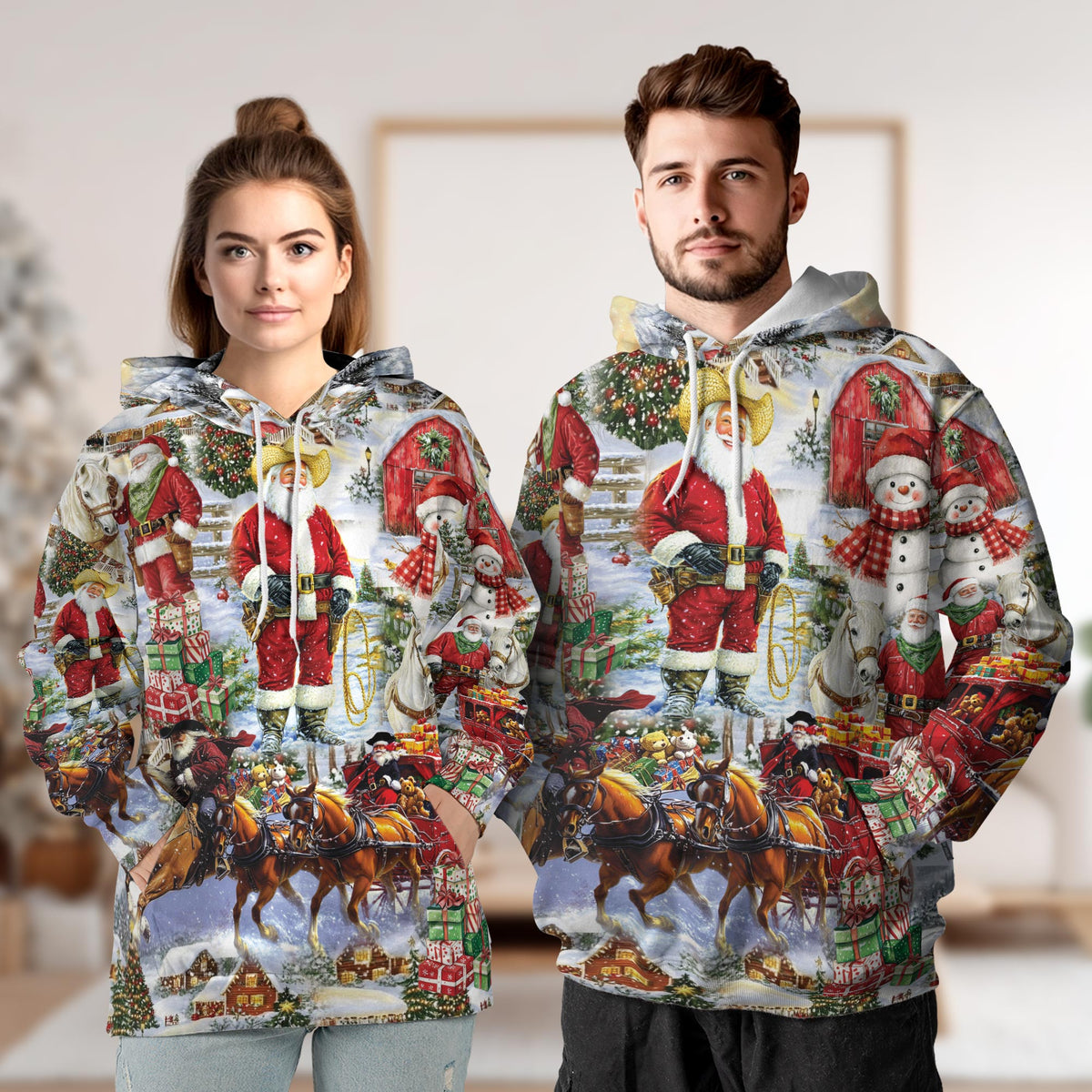 Cowboy Santa Christmas All Over Print Hoodie, Vintage Holiday Graphic Design