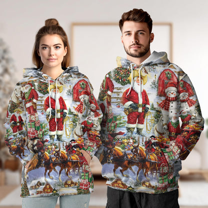 Cowboy Santa Christmas All Over Print Hoodie, Vintage Holiday Graphic Design