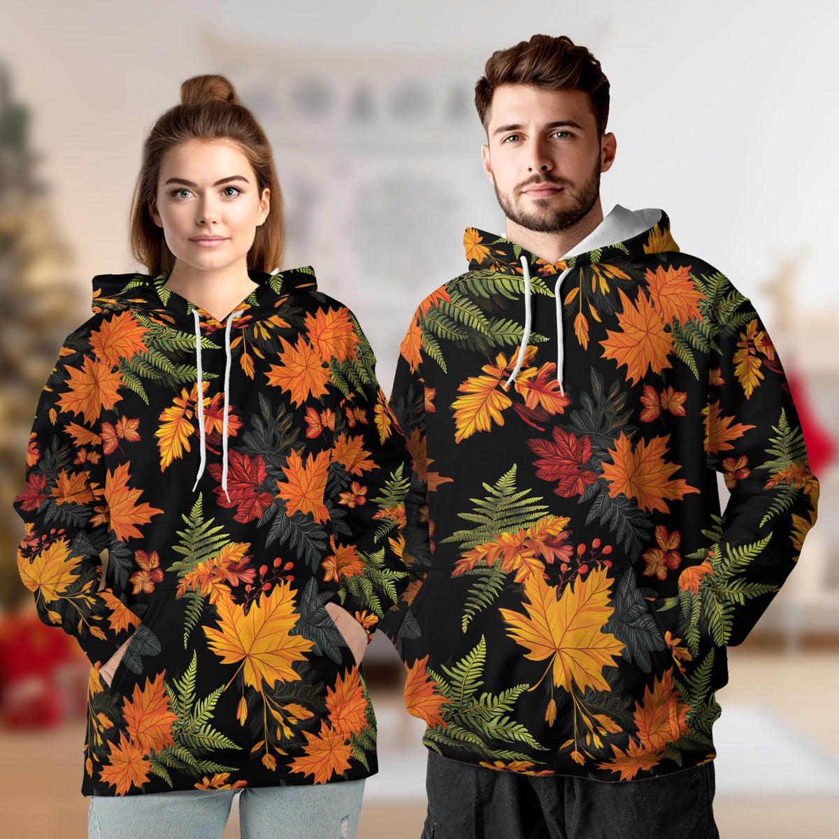 Happy Thanksgiving All Over Print Hoodie, Graphic Design Fall Leaves Pumpkin