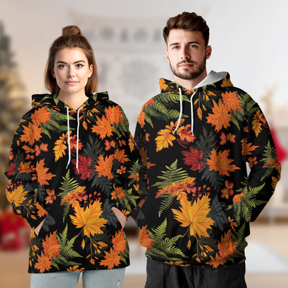 Happy Thanksgiving All Over Print Hoodie, Graphic Design Fall Leaves Pumpkin