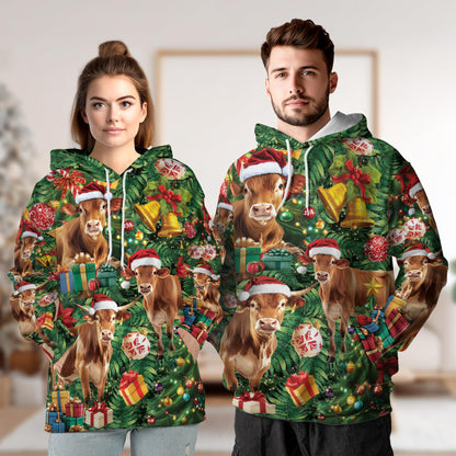 Christmas Cow All Over Print Hoodie, Santa Hat Farm Animal Graphic Design
