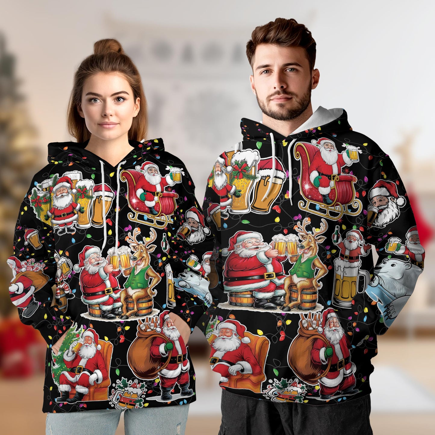 Santa Beer Lover All Over Print Hoodie, Funny Christmas Drinking Graphic Design