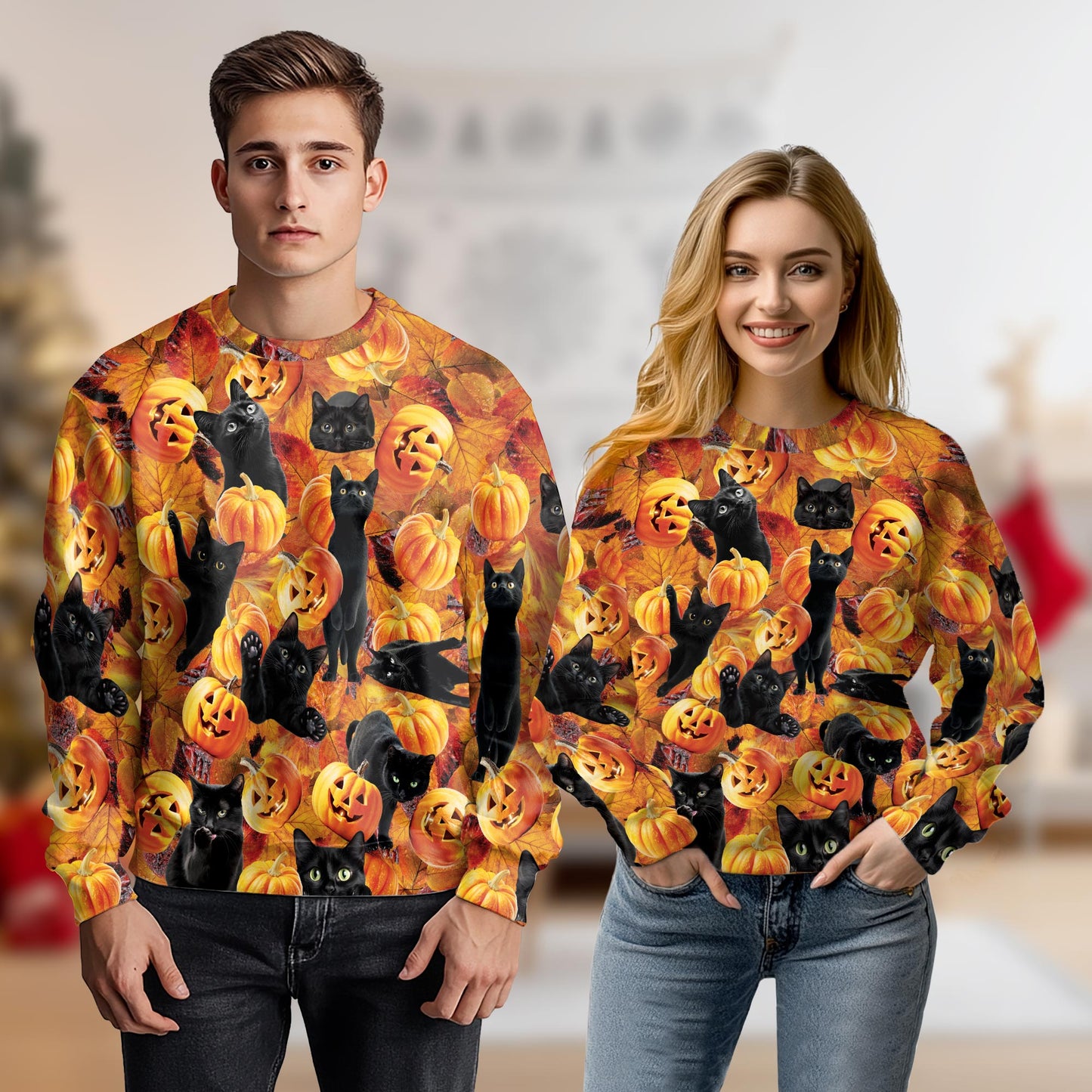 Halloween Black Cat Pumpkin Sweatshirt – Colorful Graphic 3D All Over Print Design