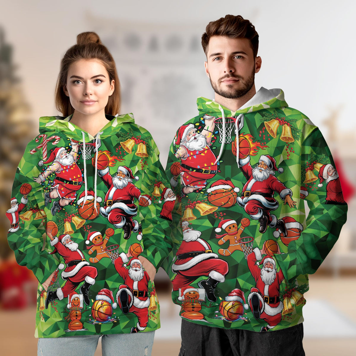Santa Claus Basketball Christmas All Over Print Hoodie, Sports Graphic Design