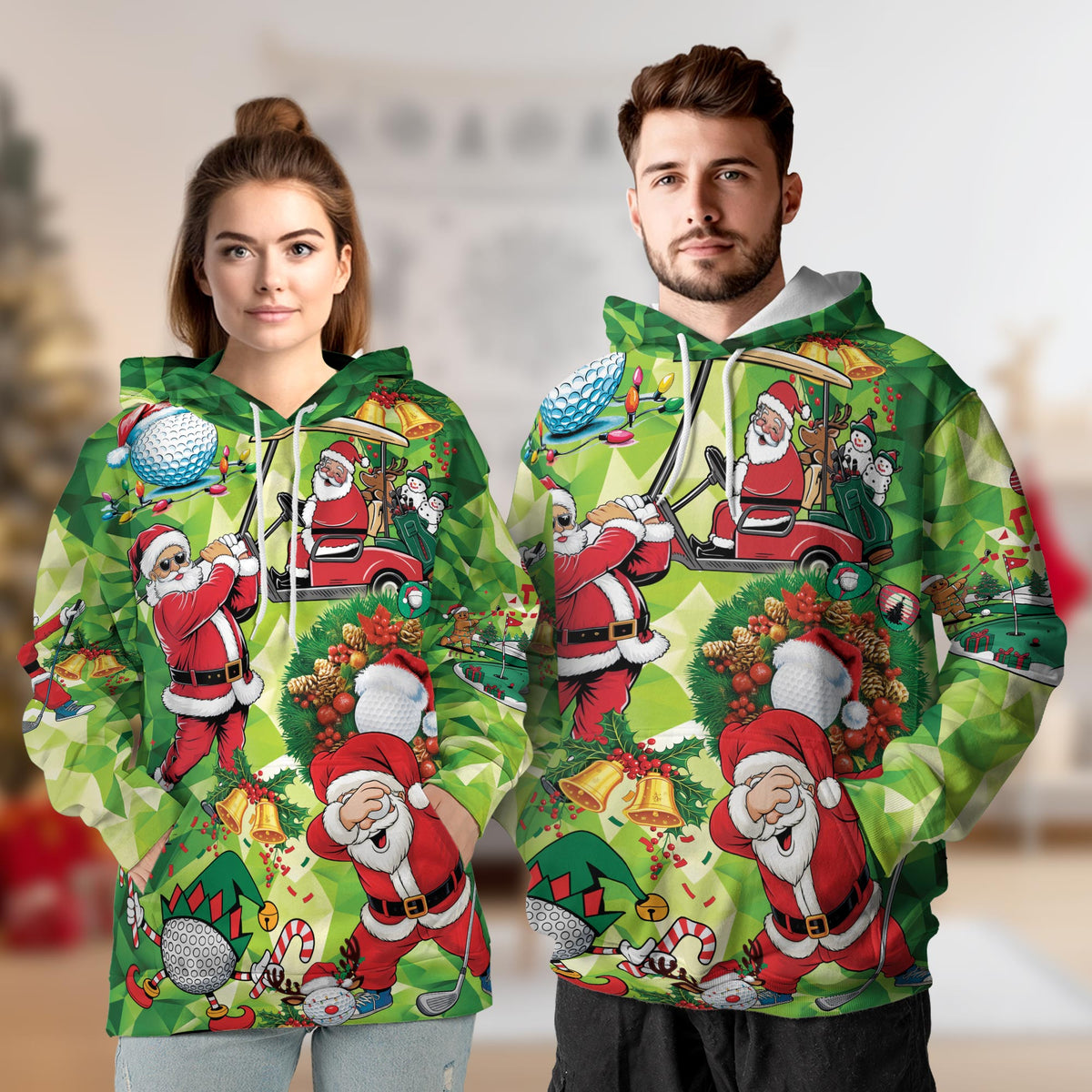 Santa Claus Christmas All Over Print Hoodie, Golfer Holiday Graphic Design