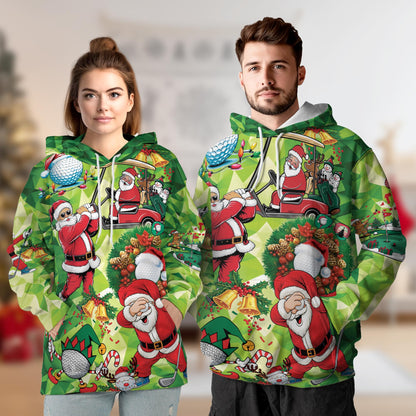 Santa Claus Christmas All Over Print Hoodie, Golfer Holiday Graphic Design