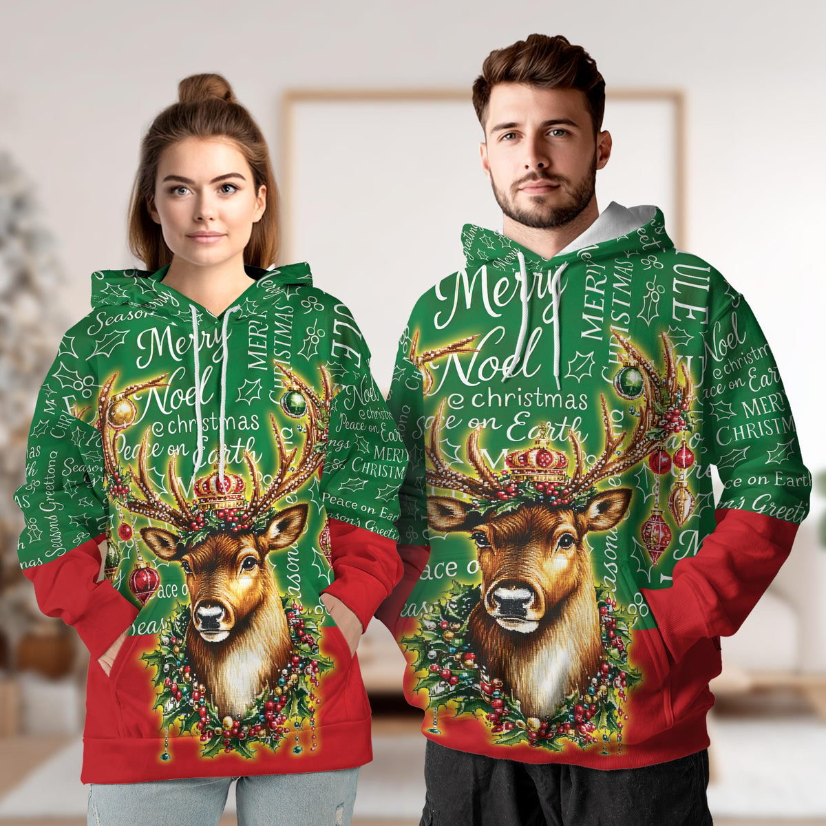 Reindeer Christmas All Over Print Hoodie, Funny Holiday Graphic Design