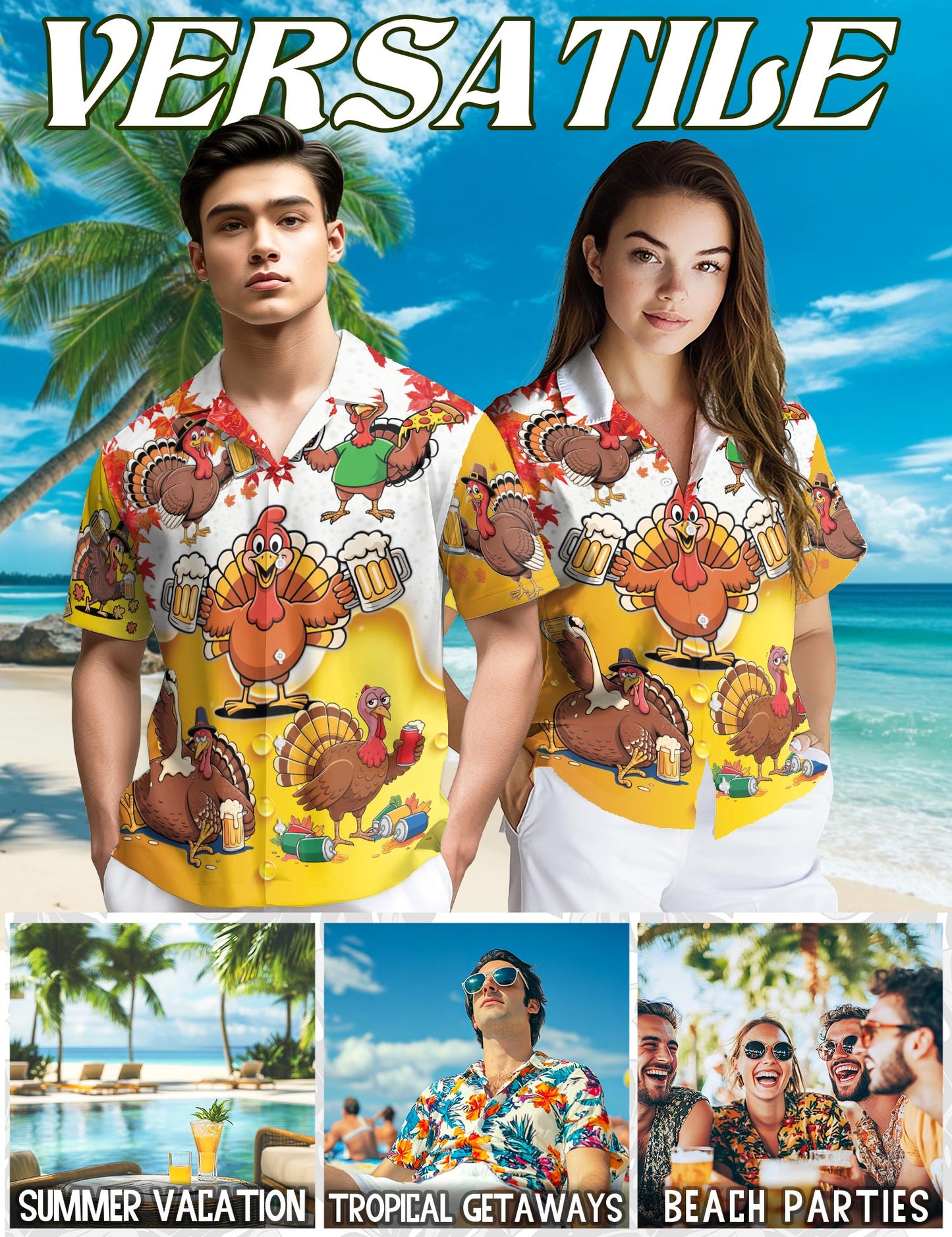 Funny Drunk Turkey Thanksgiving Hawaiian Shirt for Men, Button Down Aloha Shirt - Azhawaiian