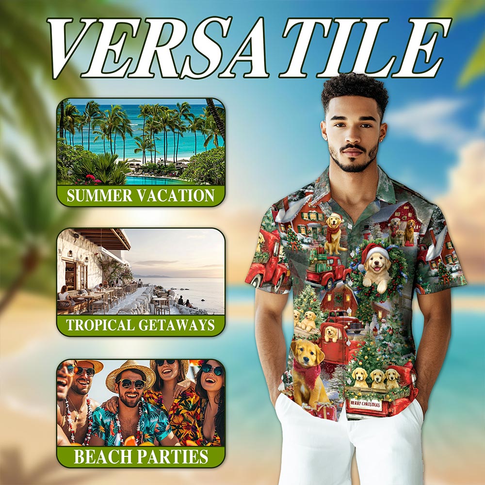 Golden Retriever Christmas Hawaiian Shirt for Men, Button Down Aloha Shirt - Azhawaiian