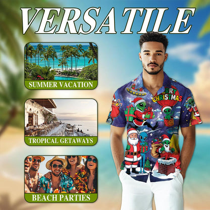 Alien Santa Claus Christmas Hawaiian Shirt for Men, Button Down Aloha Shirt - Azhawaiian