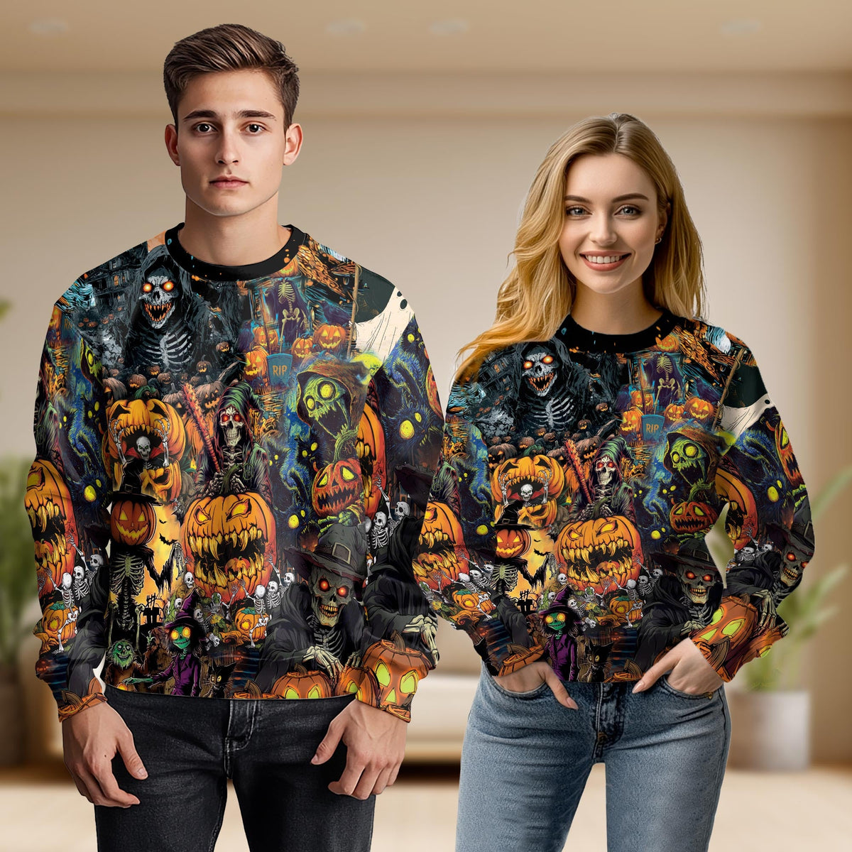 Halloween Skeleton Pumpkin Unisex Sweatshirt – Colorful Graphic 3D All Over Print Design