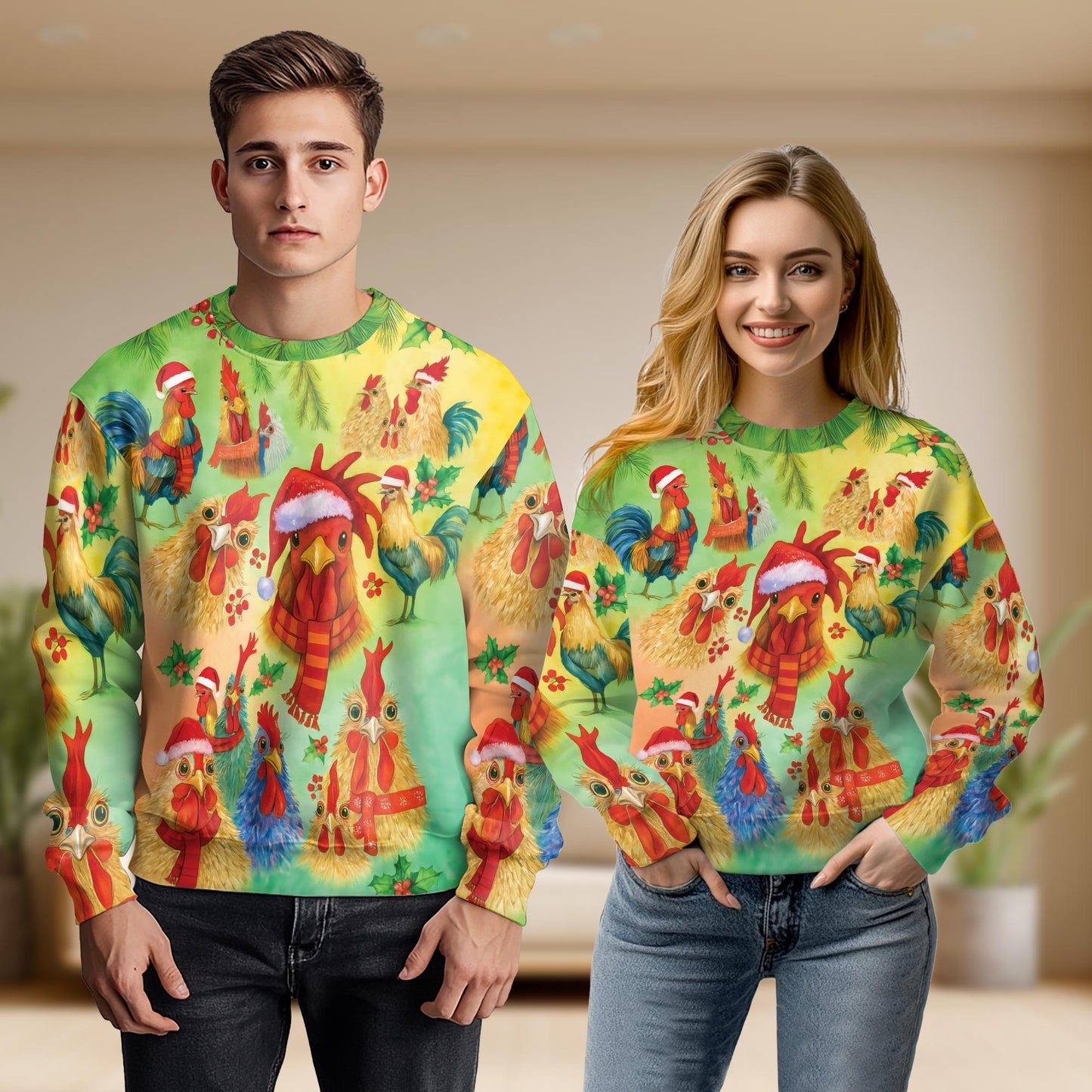 Funny Christmas Rooster Unisex Sweatshirt – Christmas 3D All Over Print Design
