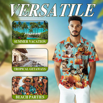Cat Pumpkin Hawaiian Shirt for Men, Button Down Aloha Shirt - Azhawaiian