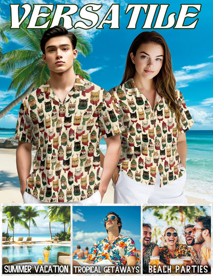 Christmas Cat Pattern Hawaiian Shirt for Men, Button Down Aloha Shirt - Azhawaiian
