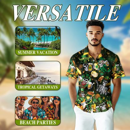 St Patrick's Day Skull Beer Hawaiian Shirt for Men, Button Down Aloha Shirt - Azhawaiian