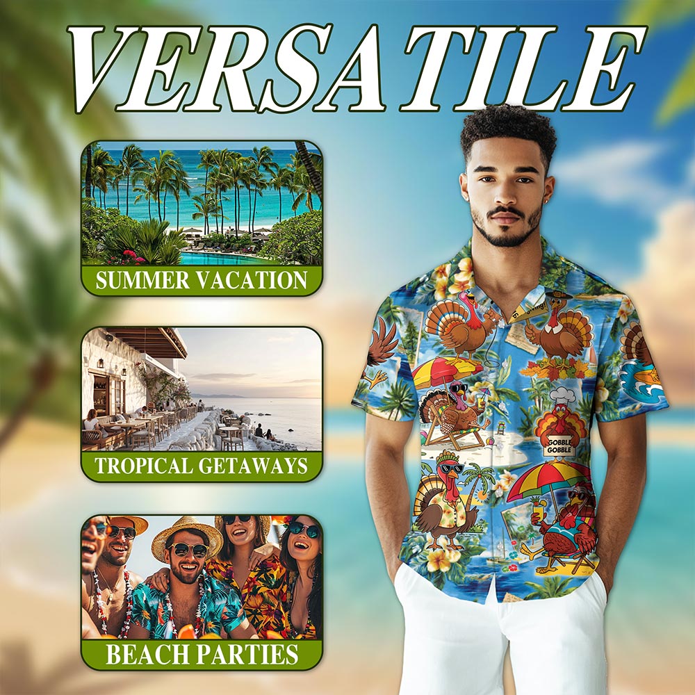 Turkey Happy Thanksgiving Hawaiian Shirt for Men, Button Down Aloha Shirt - Azhawaiian