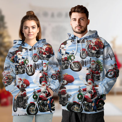 Santa Claus Motorcycle Christmas All Over Print Hoodie, Graphic Design Winter Snow