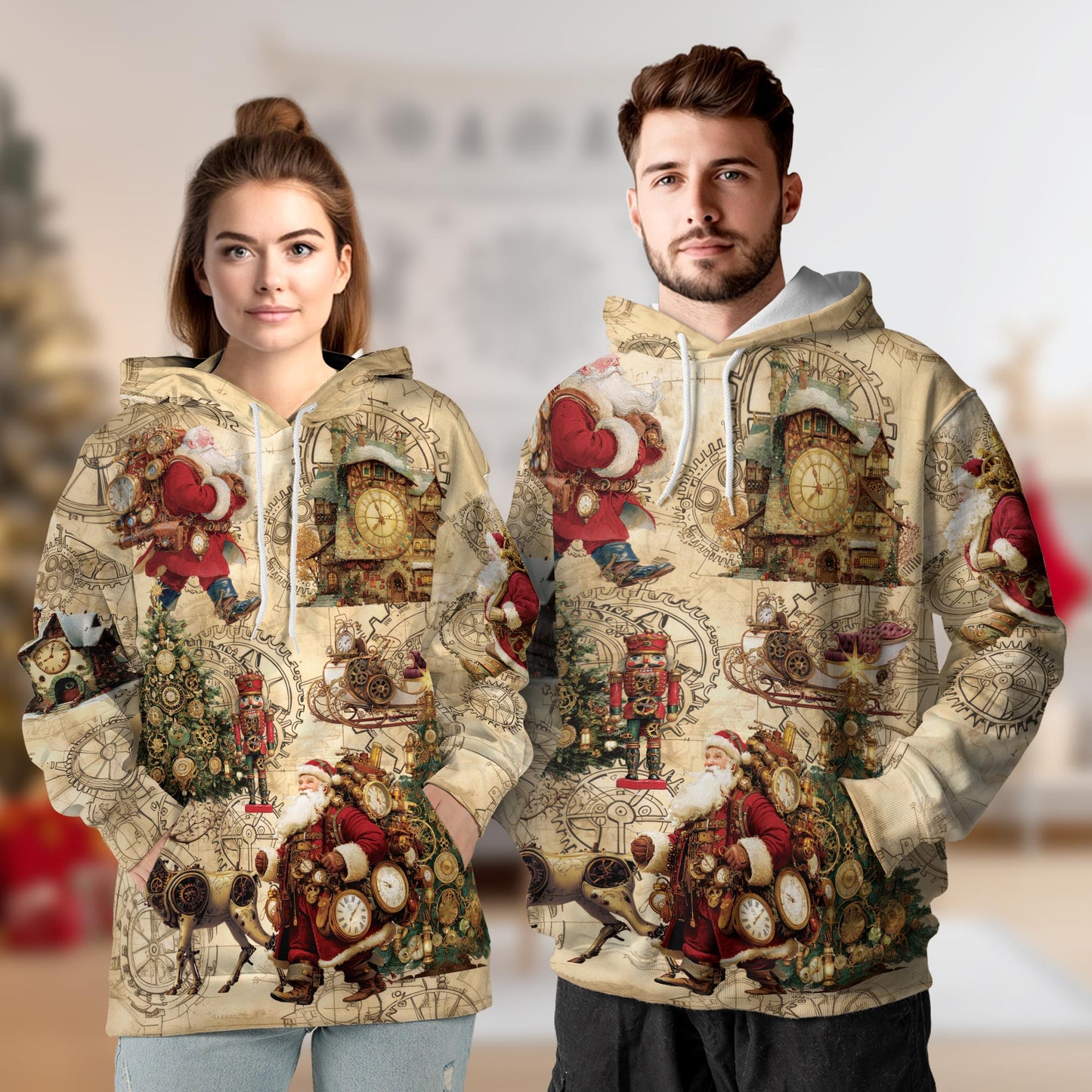 Steampunk Christmas All Over Print Hoodie, Santa Claus Graphic Design