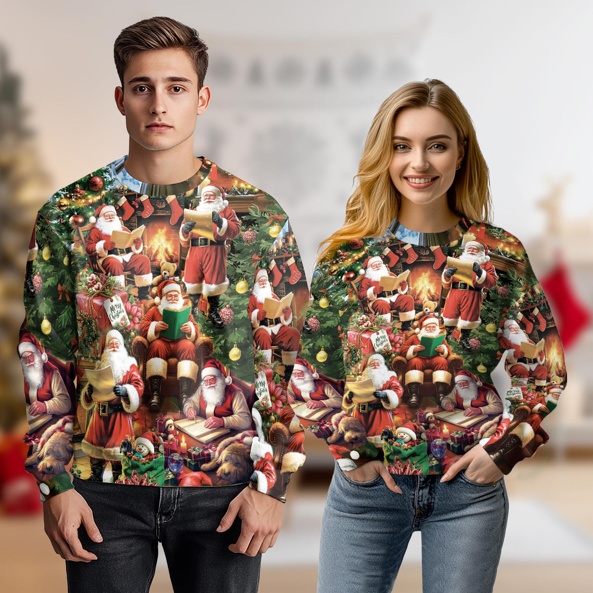 Christmas Santa Reading Book Sweatshirt – Christmas 3D All Over Print Design