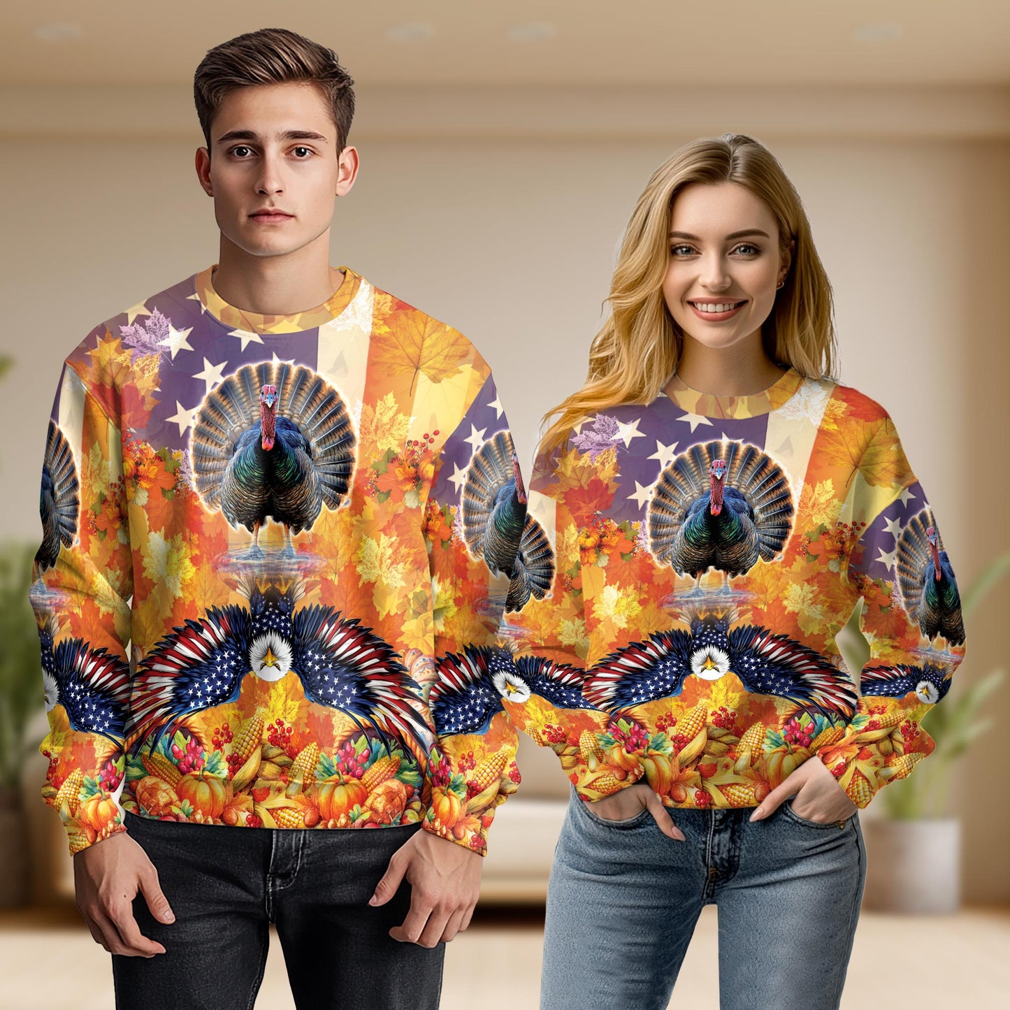 Thanksgiving Turkey USA Flag Unisex Sweatshirt – Colorful Graphic 3D All Over Print Design
