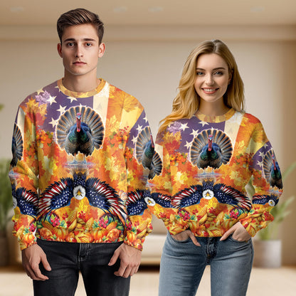 Thanksgiving Turkey USA Flag Unisex Sweatshirt – Colorful Graphic 3D All Over Print Design