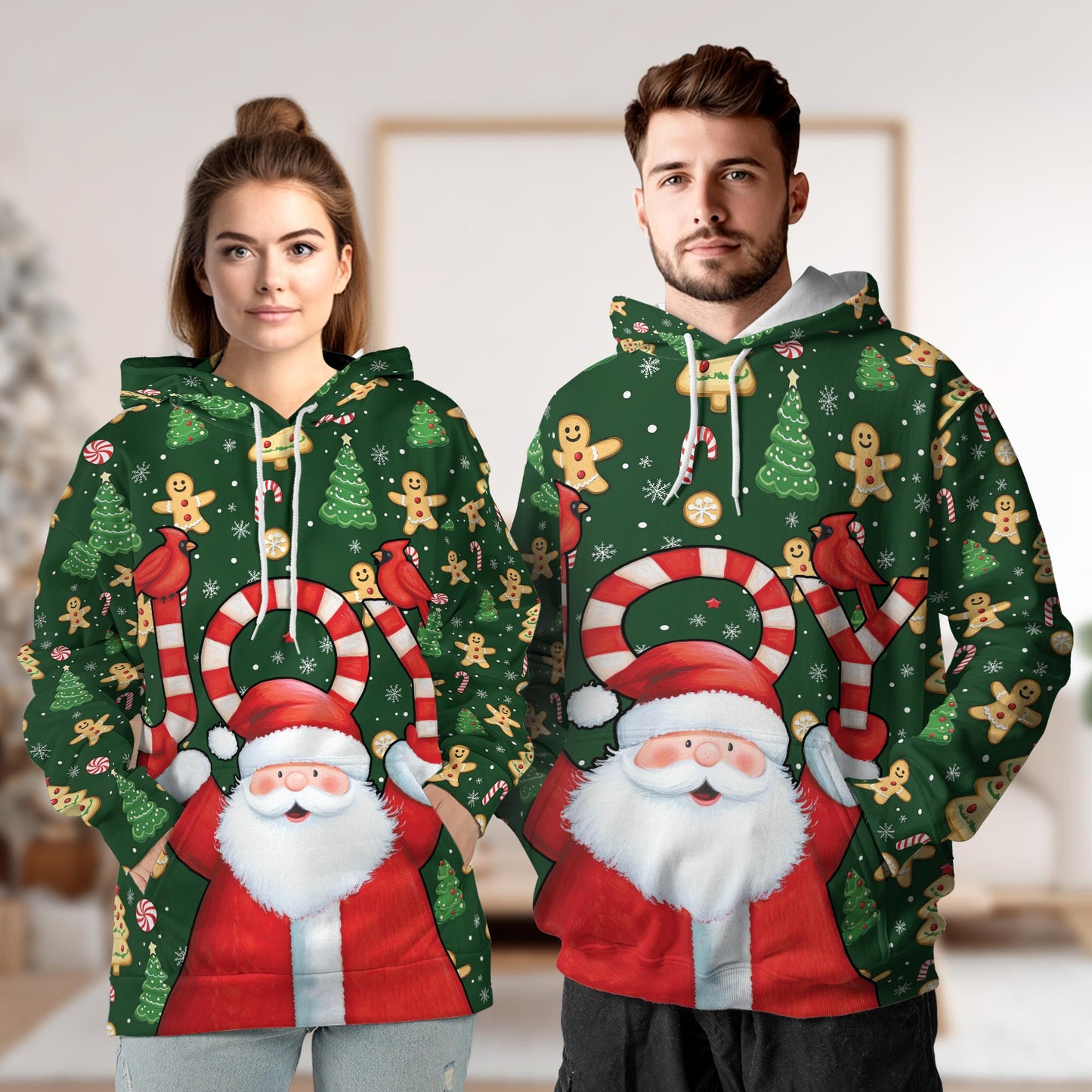 Santa Claus Joy Christmas All Over Print Hoodie, Gingerbread Graphic Design