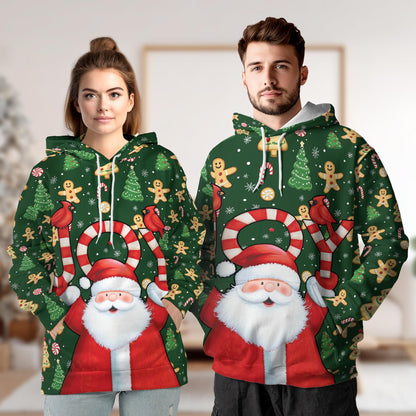 Santa Claus Joy Christmas All Over Print Hoodie, Gingerbread Graphic Design