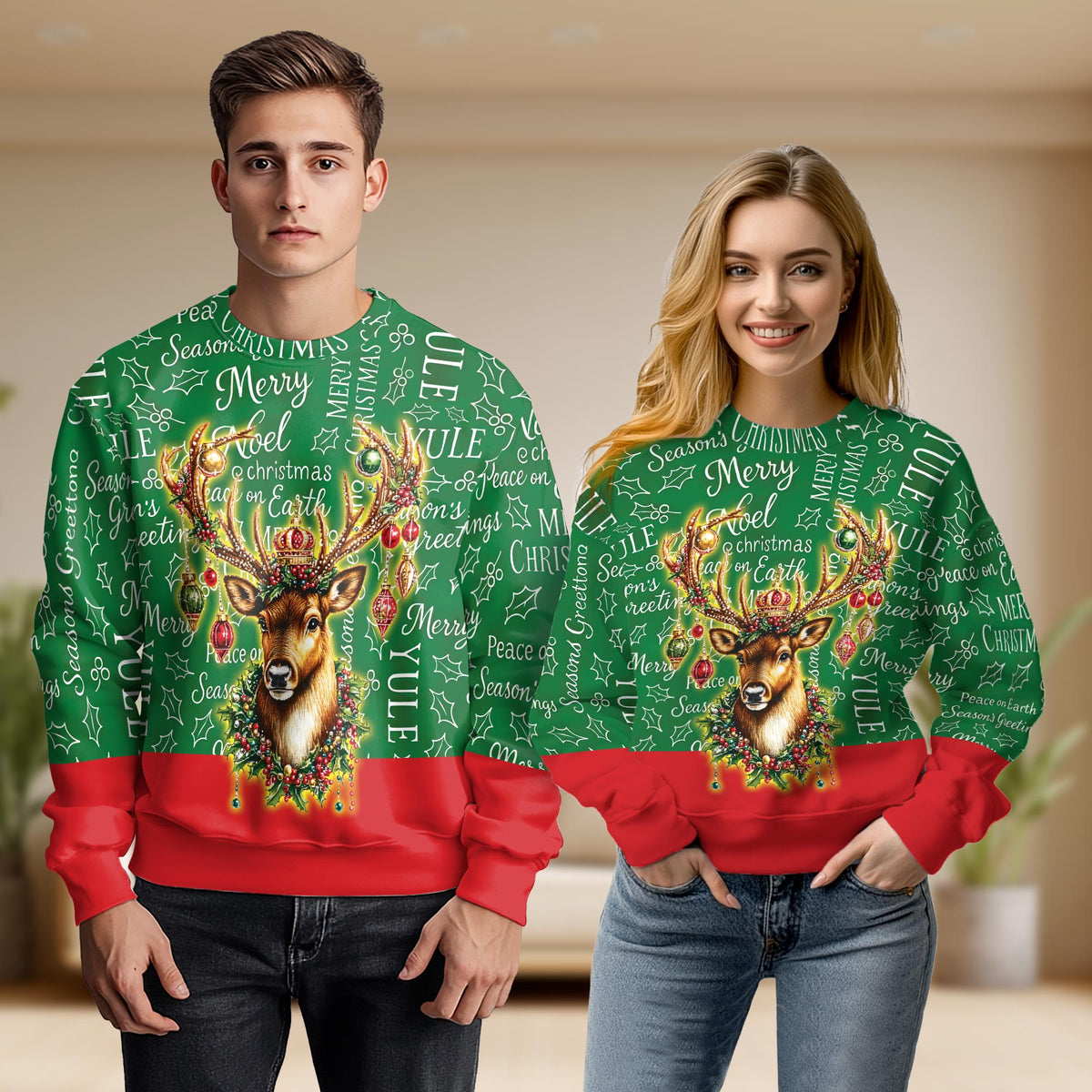 Christmas Reindeer Ornaments Unisex Sweatshirt – Christmas 3D All Over Print Design