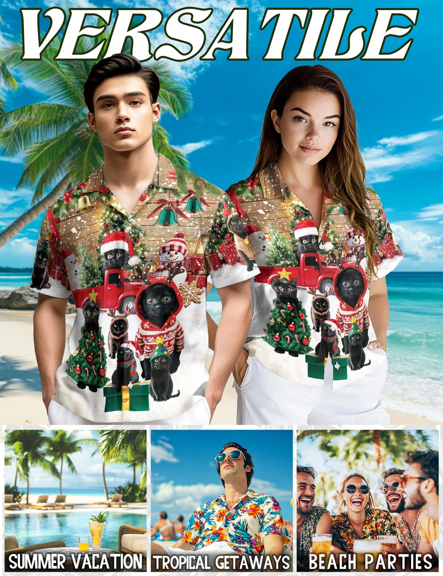 Black Cat Christmas Hawaiian Shirt for Men, Button Down Aloha Shirt - Azhawaiian